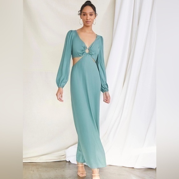 Forever 21 Cut Out Sea Foam Blue Green O Ring Long Sleeve Maxi Dress Size Medium - Picture 1 of 16